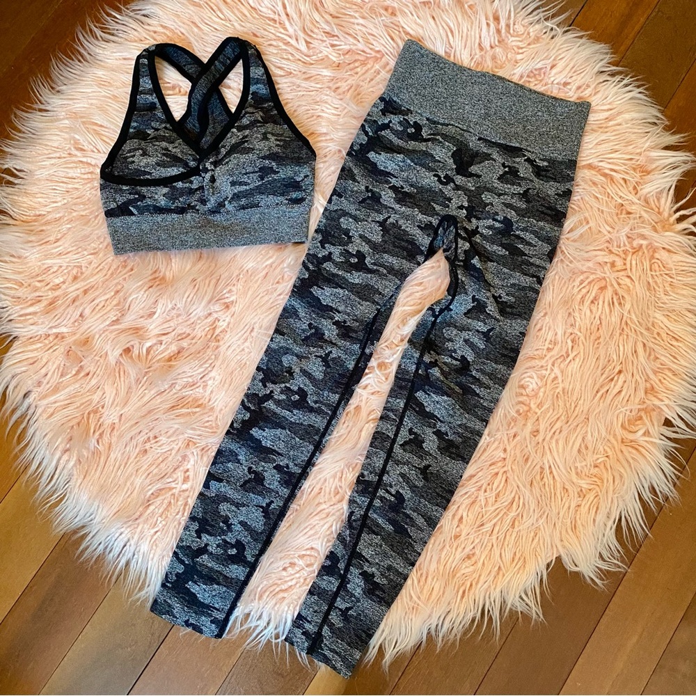 Leggings And Sports Bra Matching Set Grey Camo